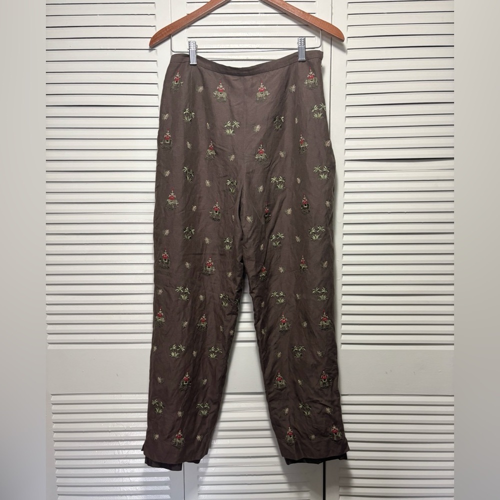 Talbots Pants Brown Silk Linen Blend Lined Side Zip Thai Elephant Palm Size 10